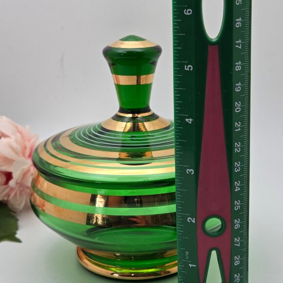 Vintage Bohemian Green Glass Lidded Candy Dish With Gold Stripes Mid Century - Picture 16 of 16